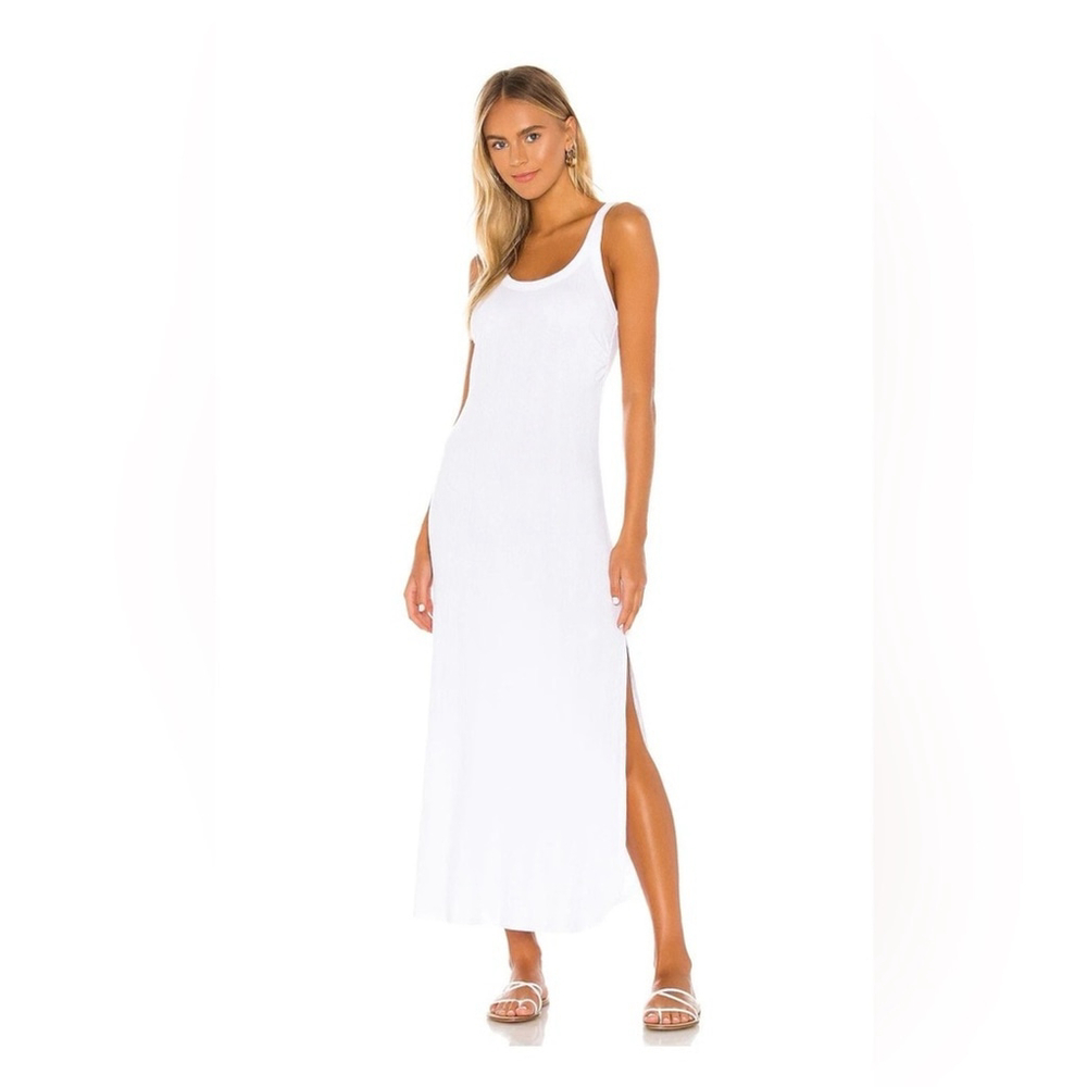 Vitamin A White Ribbed Midi Dress Tencel Scoop Neck Side Slit Minimalist Resort